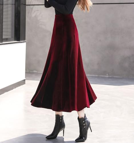 Women's High Waist Pleated Velvet Skirt Casual Slim Flowy Swing A-line Midi Skirts with Pockets