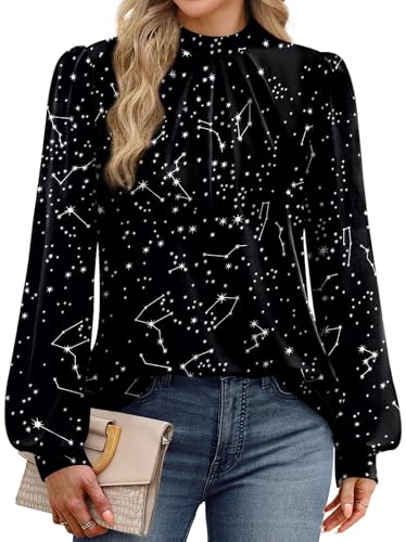 WIHOLL Long Sleeve Shirts for Women Mock Neck Tops Pleated Front Blouses Dressy Casual Spring Fall Clothes 2026 Fashion