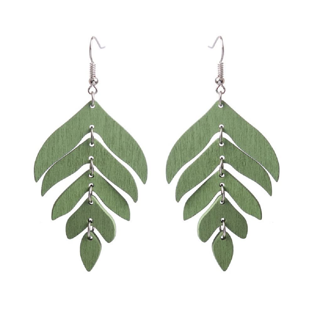 Wooden Palm Leaf Drop Dangle Earrings