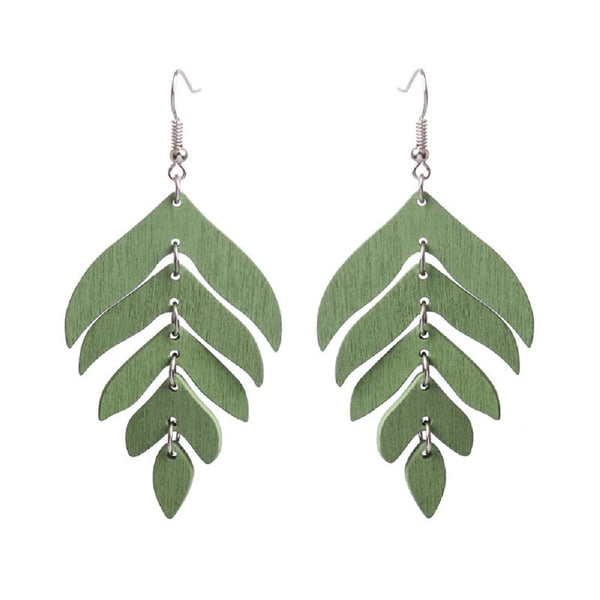 Wooden Palm Leaf Drop Dangle Earrings