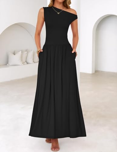ZESICA Womens Sleeveless One Shoulder Maxi Dress with Pockets