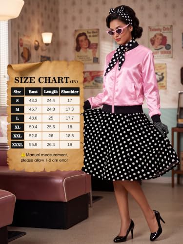 AOTHSO 1950s Pink Satin Jacket with Polka Dot Scarf Headband Earrings Glasses Halloween Cosplay Costume for Women, 8 Pieces