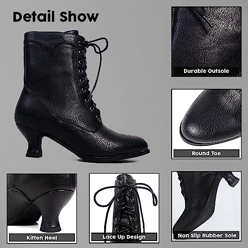 Women's Victorian Ankle Boots - Mid Calf, Round Toe, Black Boots with Chunky Heel & Lace Up Detail