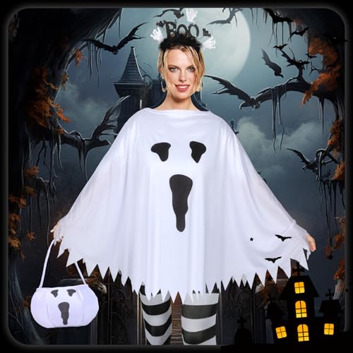 4 PCS Halloween Costume Set for Women 2026 Adult Ghost Costume, Ghost Poncho, Candy bag Headband and Nylon Striped Tights for Halloween Cosplay Party