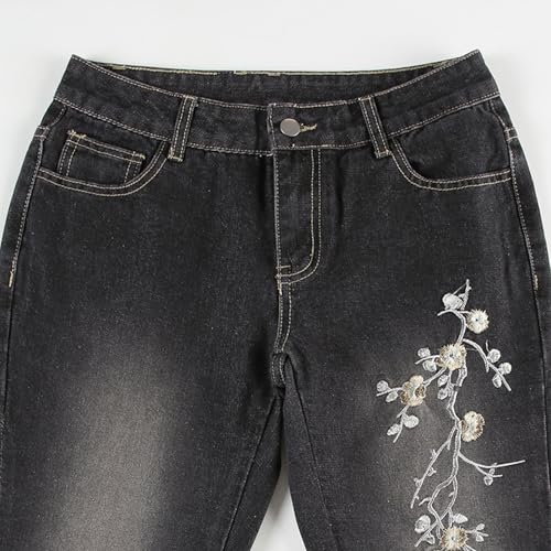 Women Bell Bottom Jeans Stretchy Flare Mid Rise Embroidery Vintage