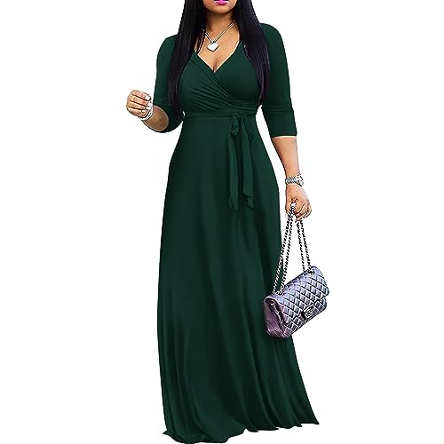 FANDEE Women's 2026 Maxi Dress - Solid Color Bohemian Summer Long Maxi Dress V-Neck 3/4 Sleeve