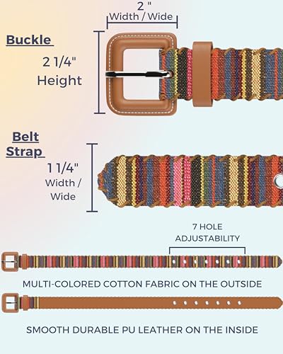 Womens Casual Belts - Multicolor Woven Belt & Brown Vegan Leather Belt