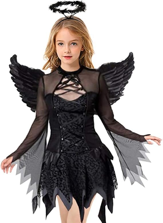 Girls Fallen Angel Dress for Halloween Costume with Black Wings Main image
