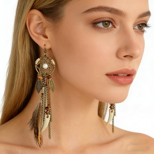 Punk Vintage Long Tassel Feather Beads Drop Wolf Tooth Pendant Earring Fish Hook Earrings Suitable to Wear At All Times
