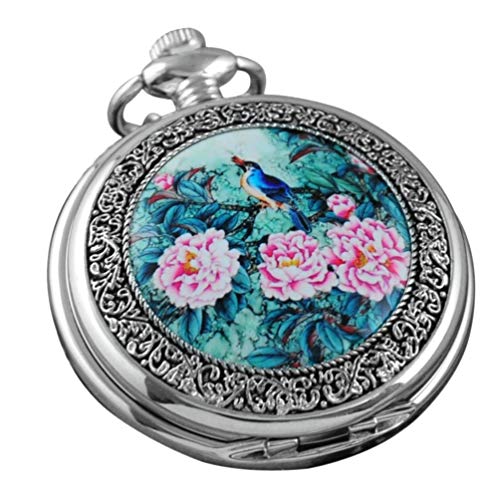 Quartz Beautiful Peony Bird Enamel Painting Steampunk Silver Pocket Wa