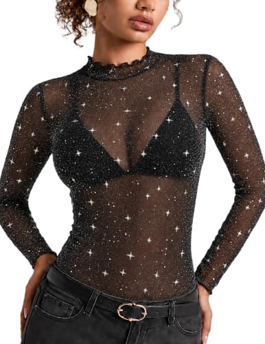 Women's Sheer Mesh Top, Mock Neck Long Sleeve Sparkly Going Out Shirt S-XXL