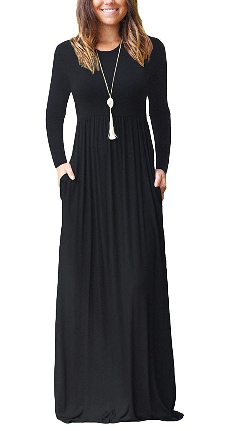 AUSELILY Womens Long Sleeve Maxi Dress Casual Empire Waist with Pockets