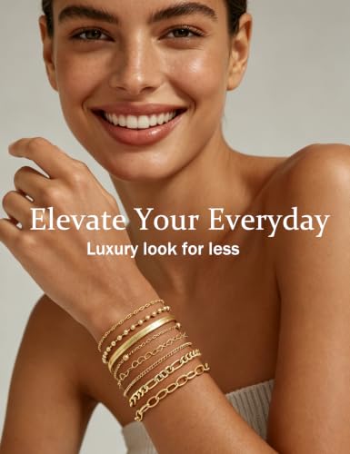 10 Pcs 14K Gold Plated Bracelet for Women, Dainty Stackable Chain Set