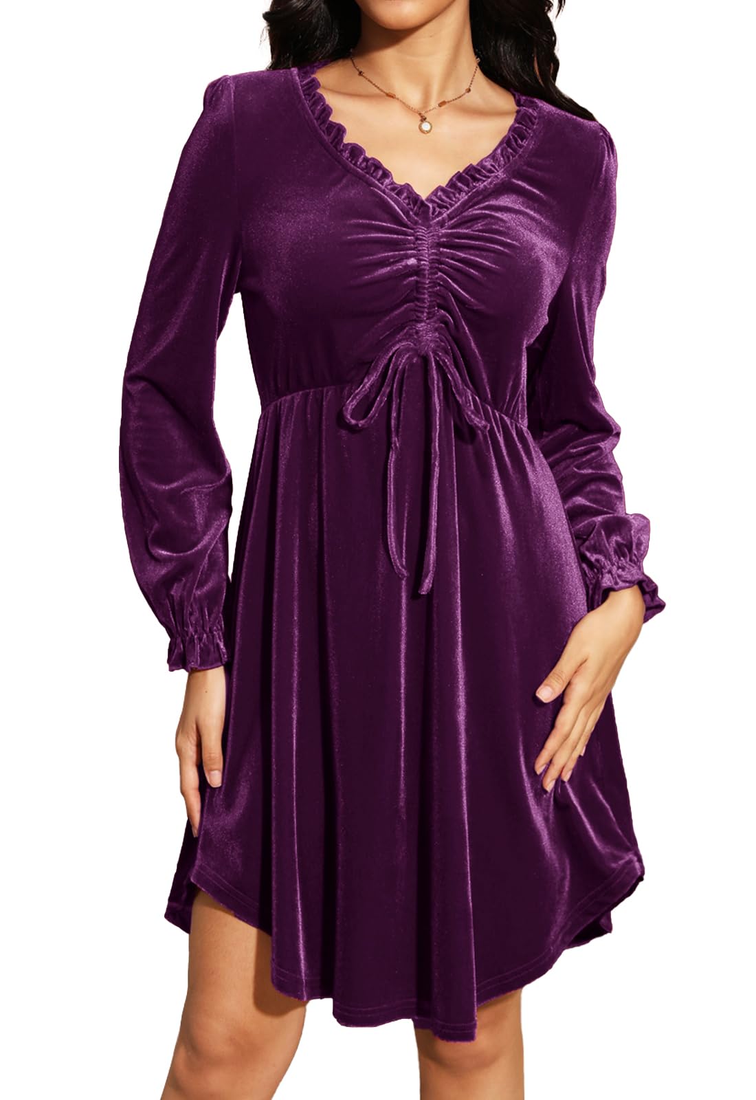 Jayscreate Women's V Neck Velvet Dress Tie Front Waist 2024 Ruffle Long Sleeve Wedding Guest Short Wrap Formal Dress