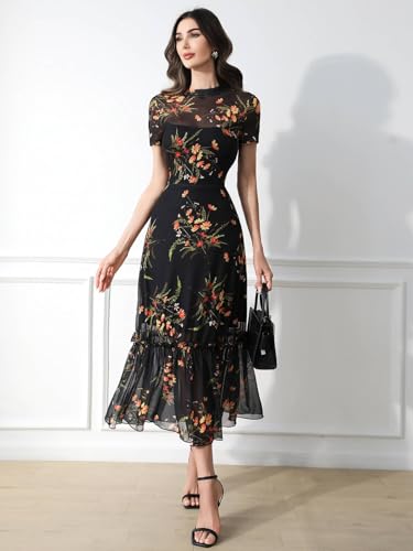 GothDark Women's Summer Floral Mesh Ruffle Casual Maxi Wedding Guest Dress
