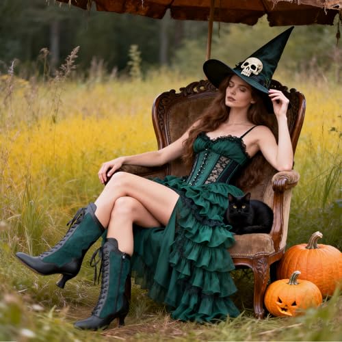 Witch Boots for Women Victorian Lace Up Pirate Mid Calf Boot