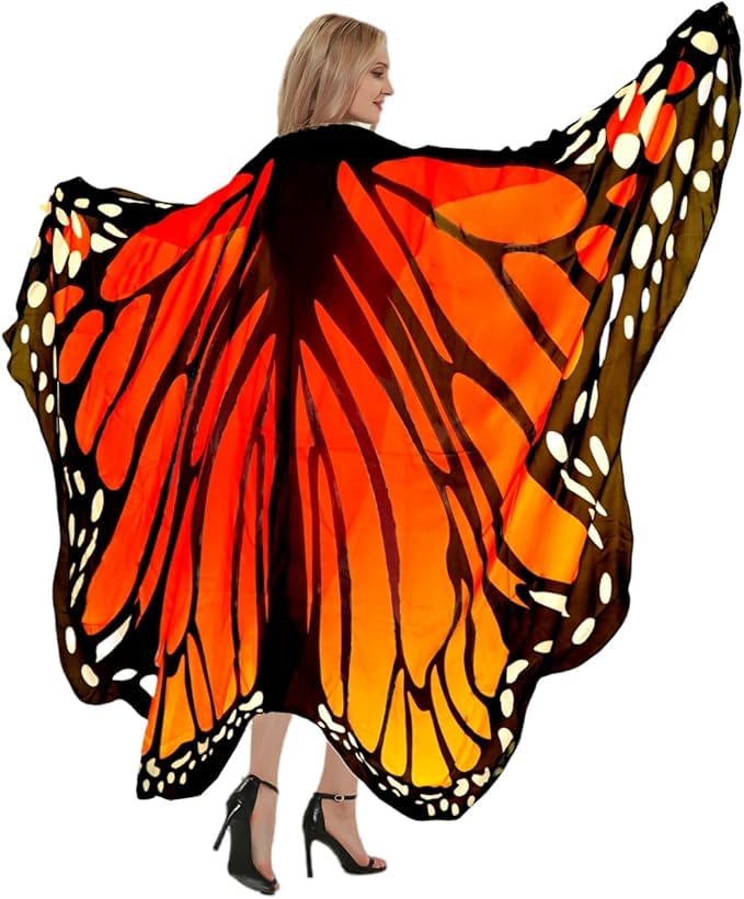 Sunlisky Adult Butterfly Costume Women Monarch Butterfly Wings Cape Shawl Halloween 3Pcs Mask Headband