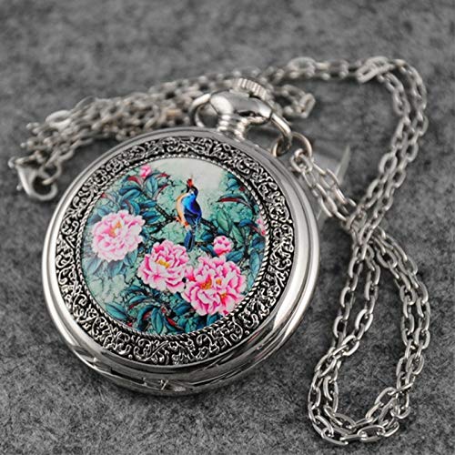 Quartz Beautiful Peony Bird Enamel Painting Steampunk Silver Pocket Wa Secondary image