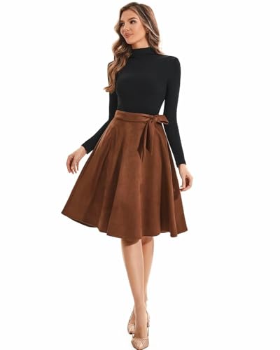 DIASHINY Faux Suede Knee Length Skirt for Women High Waist Flared Stretch A Line Midi Skater Skirts