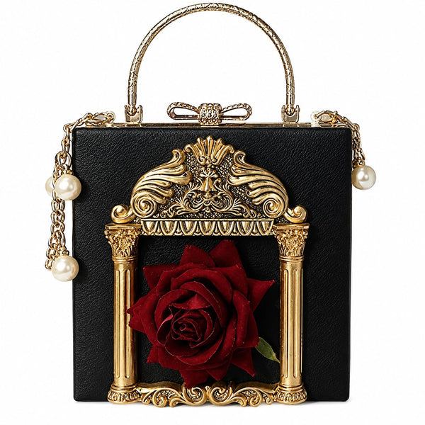 Floral Rose-Embossed Baroque Evening Clutch — Black & Gold with Pearl Chain