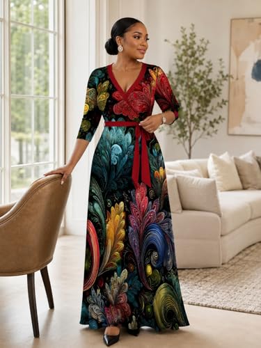 PinkPatty Women's Plus Size V Neck 3/4 Sleeve Boho Maxi Dress with Pockets