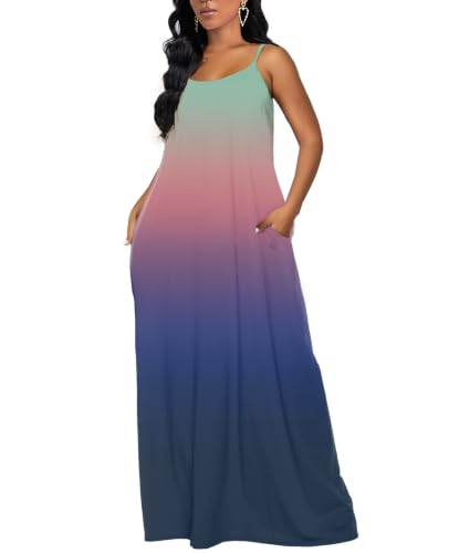 OFEEFAN Women's Maxi Dresses Summer Spaghetti Strap Dress with Pockets