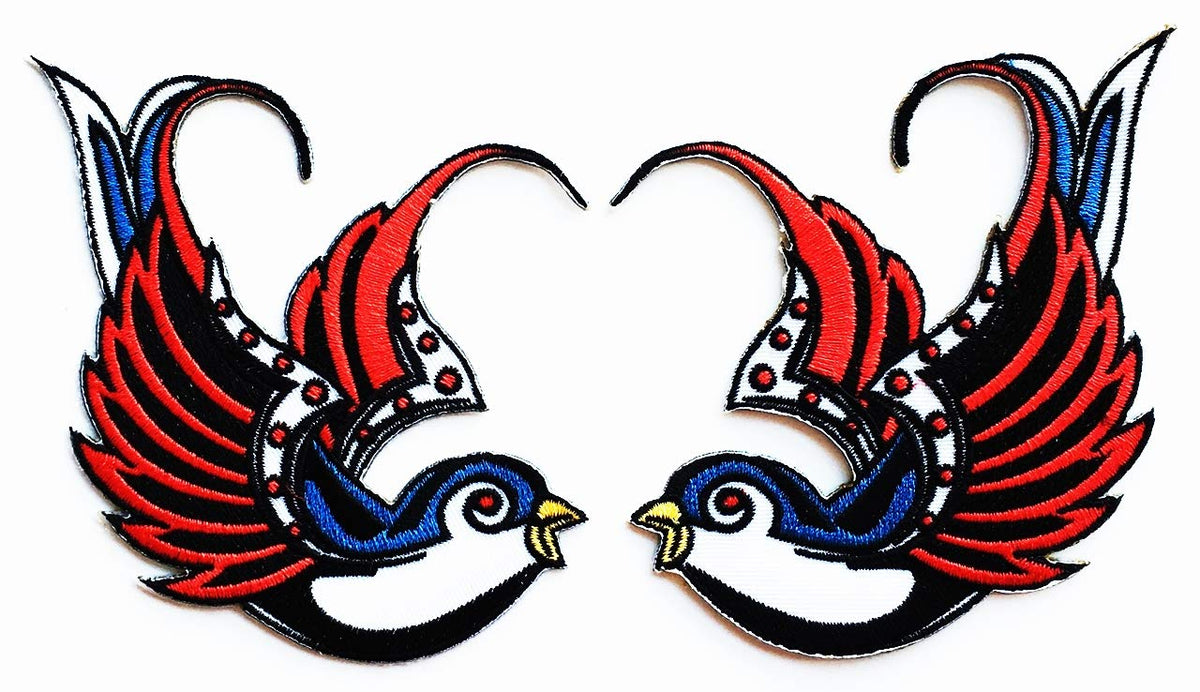 Set 2 Pcs Sparrow Swallow Dove Rockabilly Biker Tattoo Tropical Birds Kids Cartoon Iron on Patch Embroidered Patch Supplies for Jacket Bags Jeans Backpack Clothes DIY
