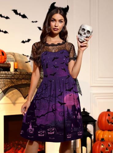 Women Halloween Party Costume Vintage Swing Lace Short Sleeve Witch Dress