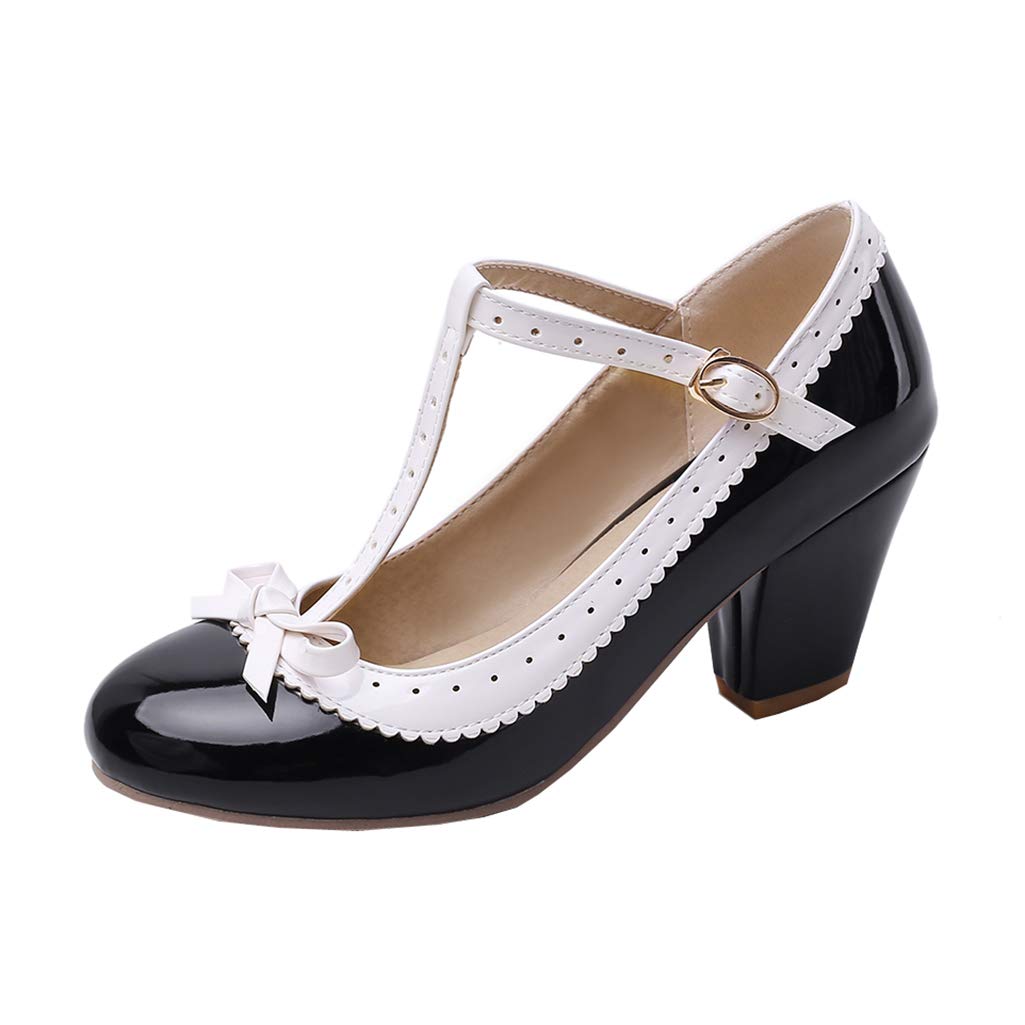 Bellirala Womens Rockabilly Shoes T-Strap Mary Jane Block High Heel Closed Toe Pumps