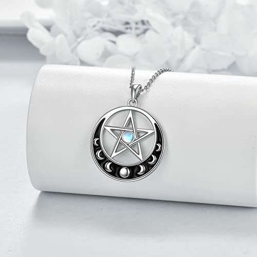 Sterling Silver Pentagram Necklace with Birthstone Triple Moon