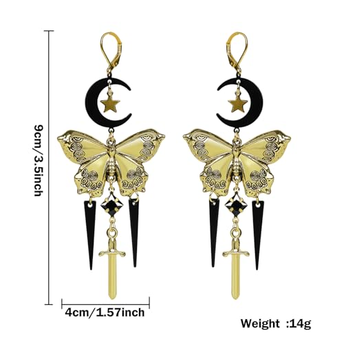 Whimsy Goth Moon & Star Butterfly Drop Earrings Whimsical Jewelry