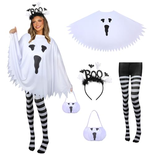 4 PCS Halloween Costume Set for Women 2026 Adult Ghost Costume, Ghost Poncho, Candy bag Headband and Nylon Striped Tights for Halloween Cosplay Party