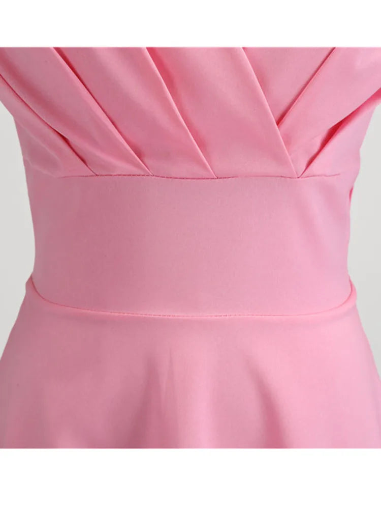 Pink Summer Dress V Neck Robe pin up Party Office Midi Dresses