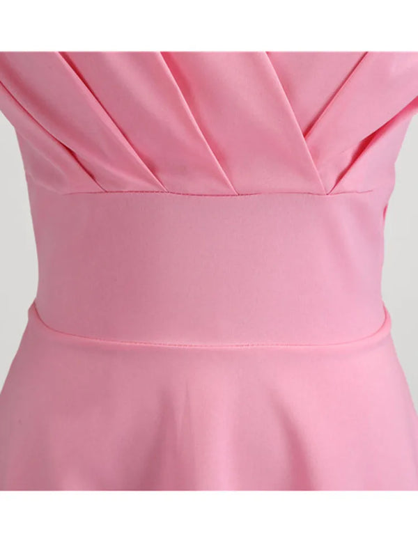 Pink Summer Dress V Neck Robe pin up Party Office Midi Dresses