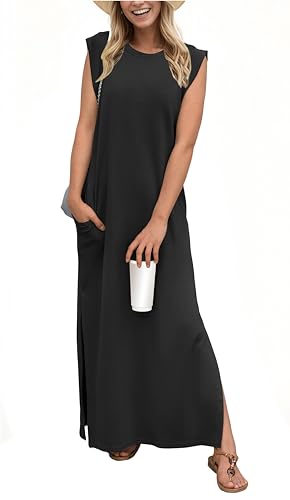 GRECERELLE 2026 Women Year-Round Casual Round Neck Loose Split Wrinkle-Free Long Maxi Vacation Dress with Pockets (XXS-4XL)