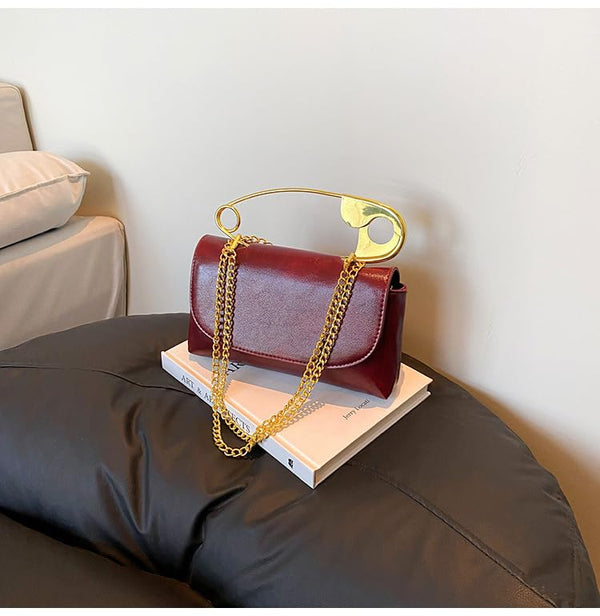 Women's Safety Pin Leather Crossbody Clutch with Gold Handles & Chain