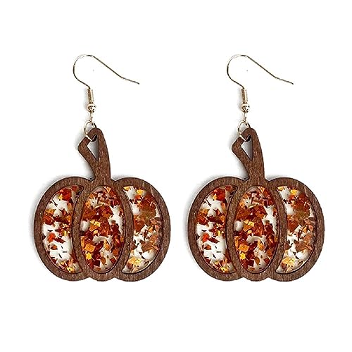 Halloween Pumpkin Wooden Dangle Earrings Handmade Lightweight Leopard Cow Print Leather Dangle Earrings for Women Glitter Thanksgiving Fall Drop Earrings Holiday Jewelry