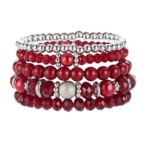 Noessla Beaded Pearl Stretch Bracelet Silver Stackable Crystal Beads Bracelets Trendy Costume Jewelry Mothers Day Gifts for Women