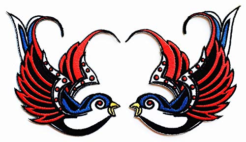 Set 2 Pcs Sparrow Swallow Dove Rockabilly Biker Tattoo Tropical Birds Kids Cartoon Iron on Patch Embroidered Patch Supplies for Jacket Bags Jeans Backpack Clothes DIY