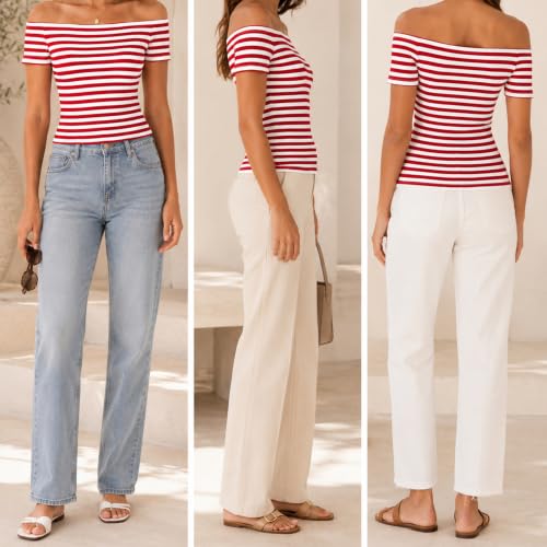 LilyCoco Off The Shoulder Tops for Women Striped Short Sleeve Sexy Going Out Top