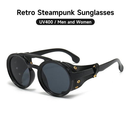 Retro Round Steampunk Sunglasses with Leather Shades