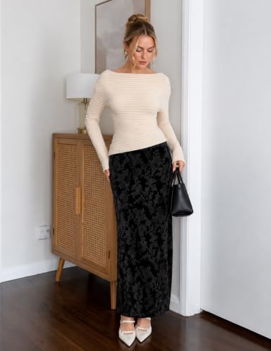MEROKEETY Women's Fall Floral Velvet Maxi Skirt