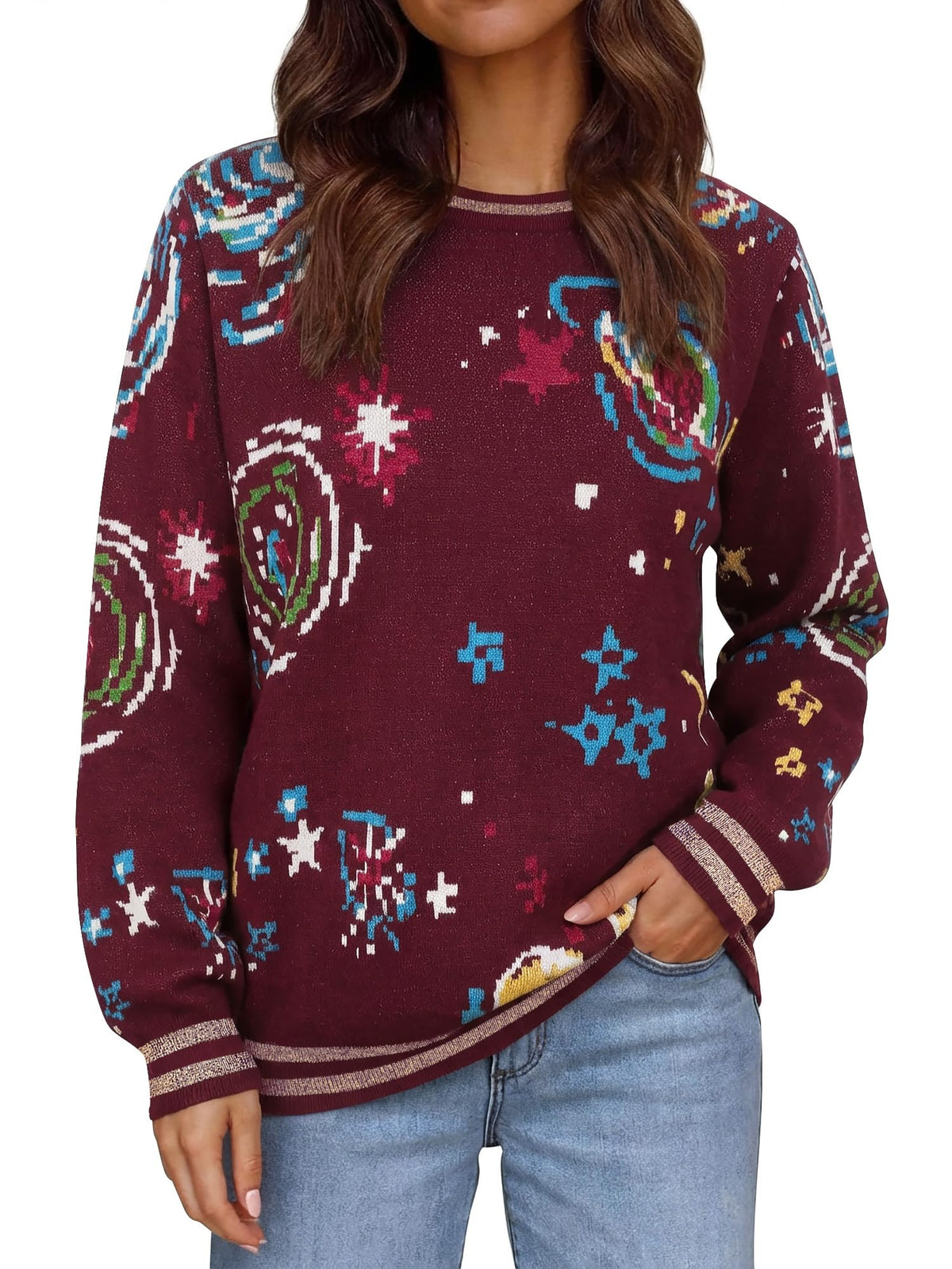 Women's Retro Space Galaxy Graphic Knit Sweaters Vintage Crewneck Pullover