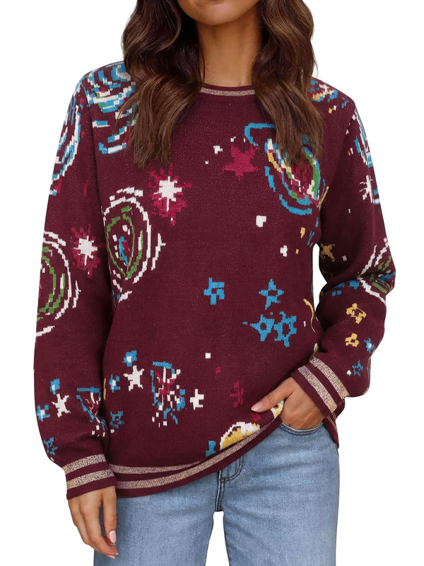 Women's Retro Space Galaxy Graphic Knit Sweaters Vintage Crewneck Pullover