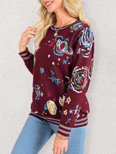 Women's Retro Space Galaxy Graphic Knit Sweaters Vintage Crewneck Pullover