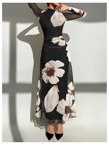 Verdusa Women's Floral Wedding Guest Dress Long Sleeve Mesh Maxi Dresses