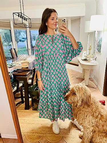 miduo Womens Casual V Neck Half Sleeve Bohemian Geometric Maxi Long Dresses