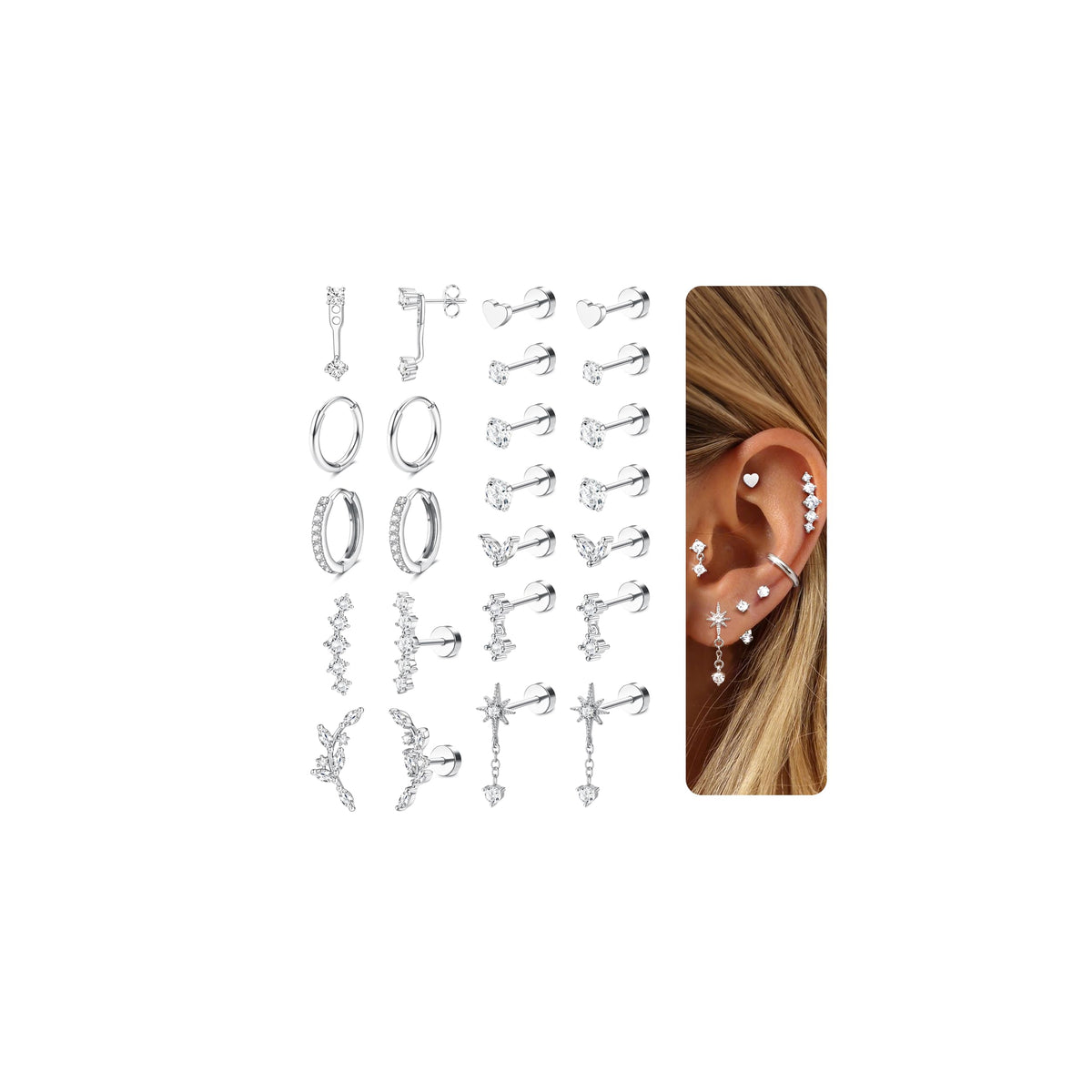 LOLIAS Hypoallergenic Flat Back Earrings-Cartilage Earring Stacks-Surgical Steel Earrings