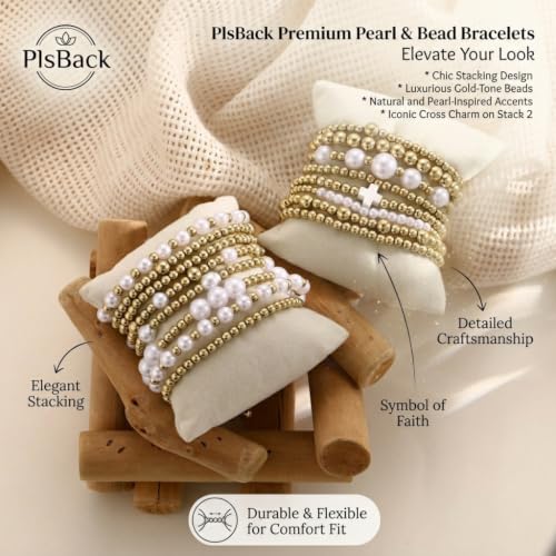Gold Plated Bead & Pearl Bracelets for Women, 16PC Stackable Stretch Set
