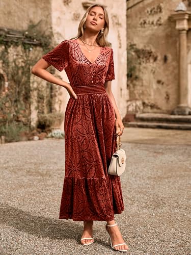 Simplee Womens Fall Velvet Dress Short Sleeve V Neck Floral Maxi Dress Long Formal Winter Wedding Guest Dresses